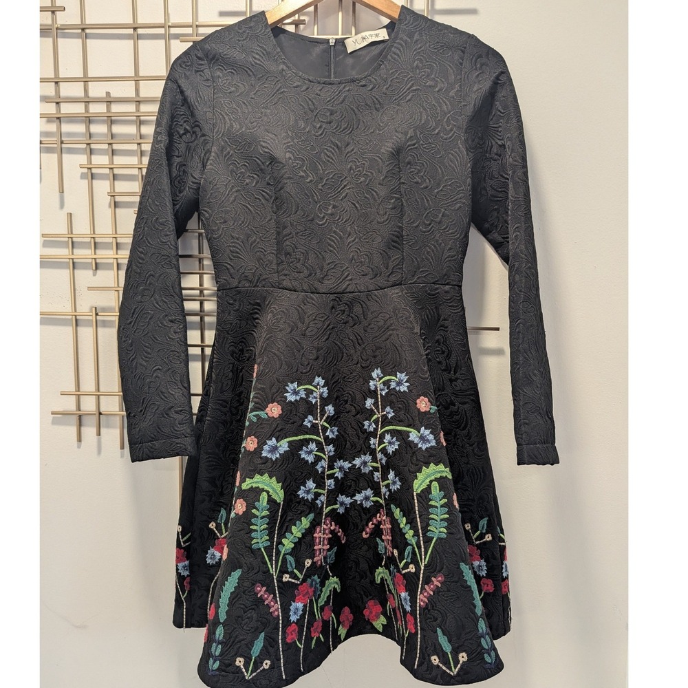 Black Floral Embroidered Fit & Flare Dress Long Sleeve Jacquard‎ Structured Sz S